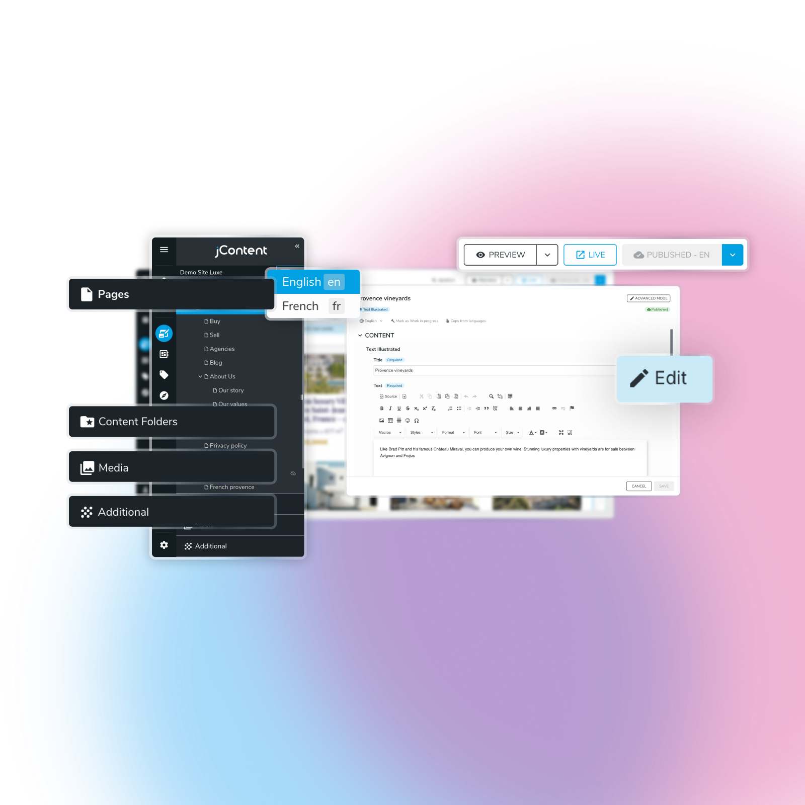 Interface Jahia CMS pour gérer des sites à grande échelle