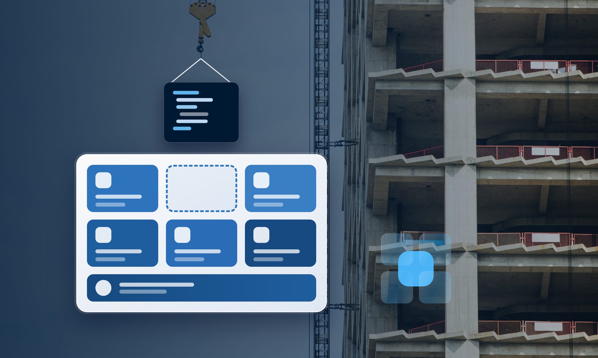 A crane hook lowers a dark code module towards the empty dashed slot of a card that holds five blue modules above a base bar, in front of a high-rise building under construction