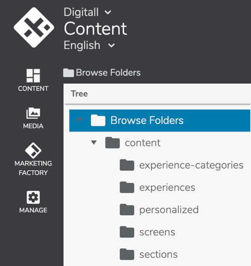 Content folder tree in the content editor: experience-categories, experiences, personalized, screens and sections