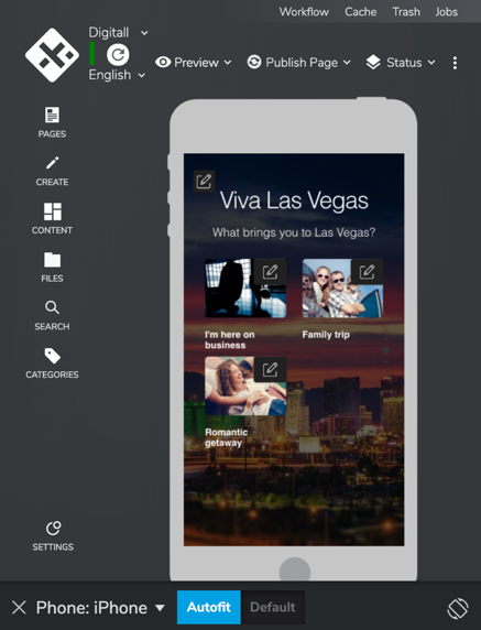 iPhone preview in the content editor of a Viva Las Vegas screen offering three paths: business, family trip or romantic getaway