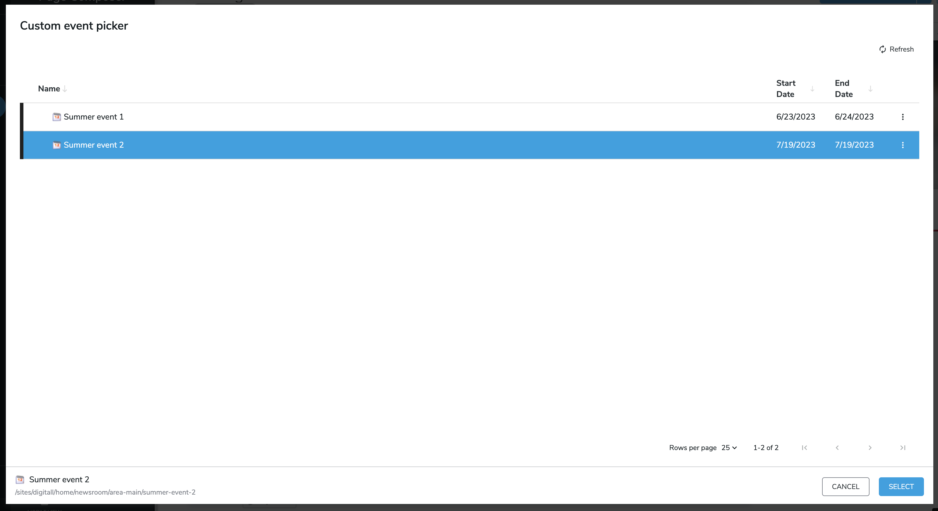 Screenshot of a custom event picker in Jahia Content Editor