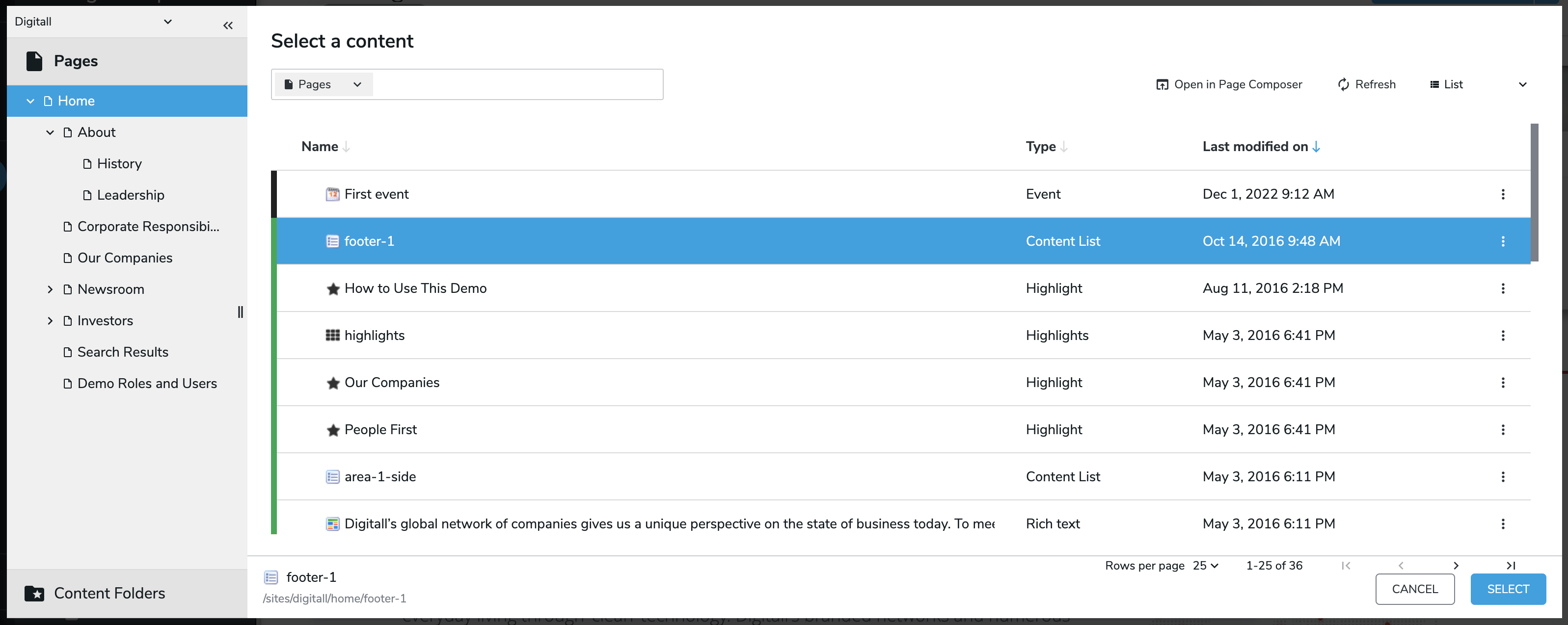 Content picker dialog in the editor: page tree on the left and a list of content items with type and last modified date on the right