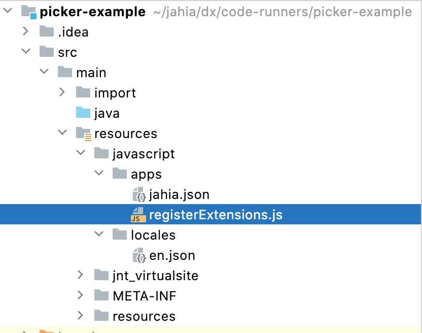 Screenshot of the code tree showing where a Jahia picker extension is located