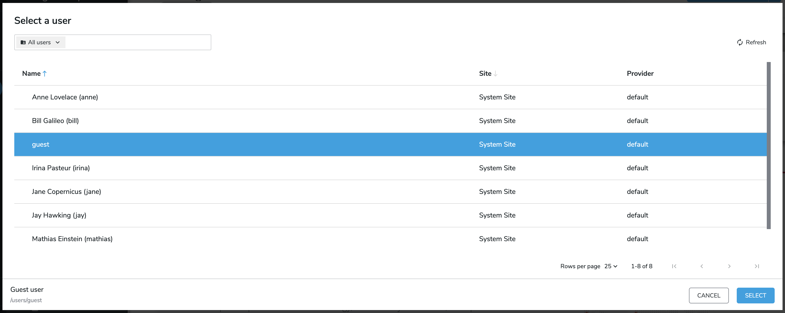 Screenshot of the user picker in Jahia Content Editor