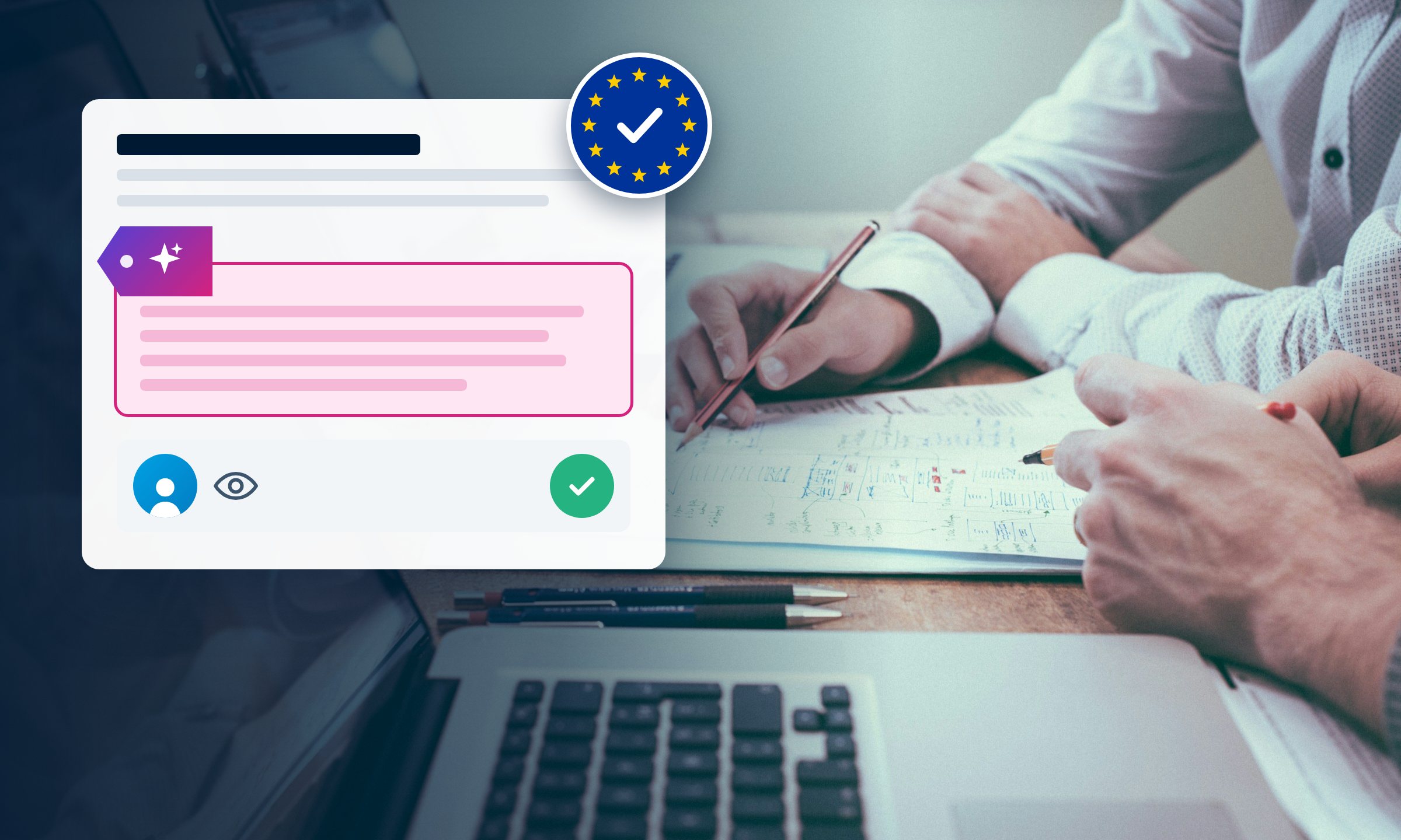 ai-act-mention-contenu-ia.jpg (EU AI Act: an AI-generated passage carries a label, a person reviews and approves it, with the EU rule seal)