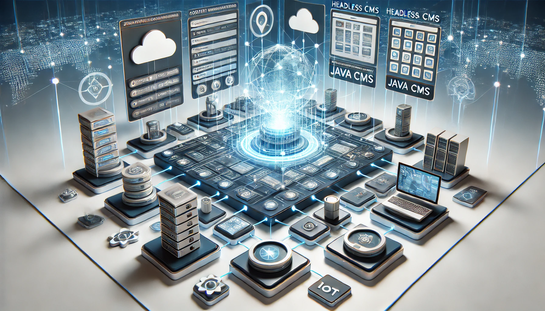 3D illustration of servers, software modules and connected devices on a board, labelled Headless CMS and Java CMS
