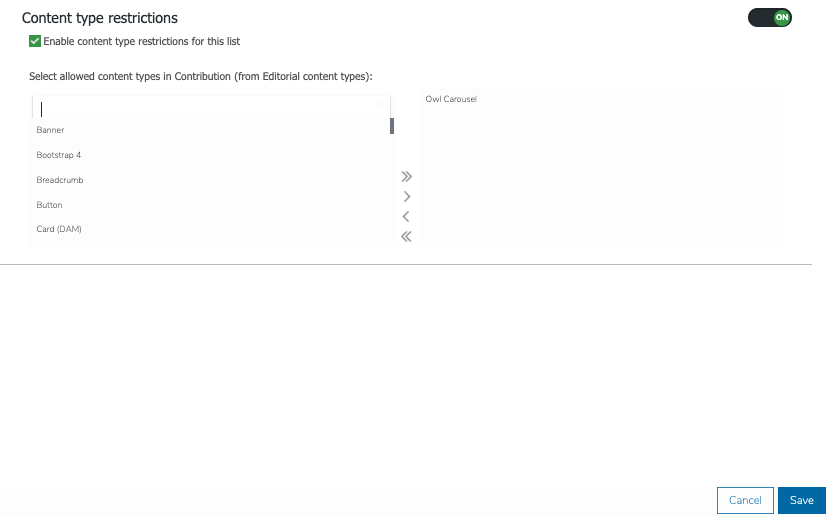Restrictions de types de contenus dans Jahia