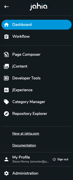 Menu principal Jahia avec accès aux applications