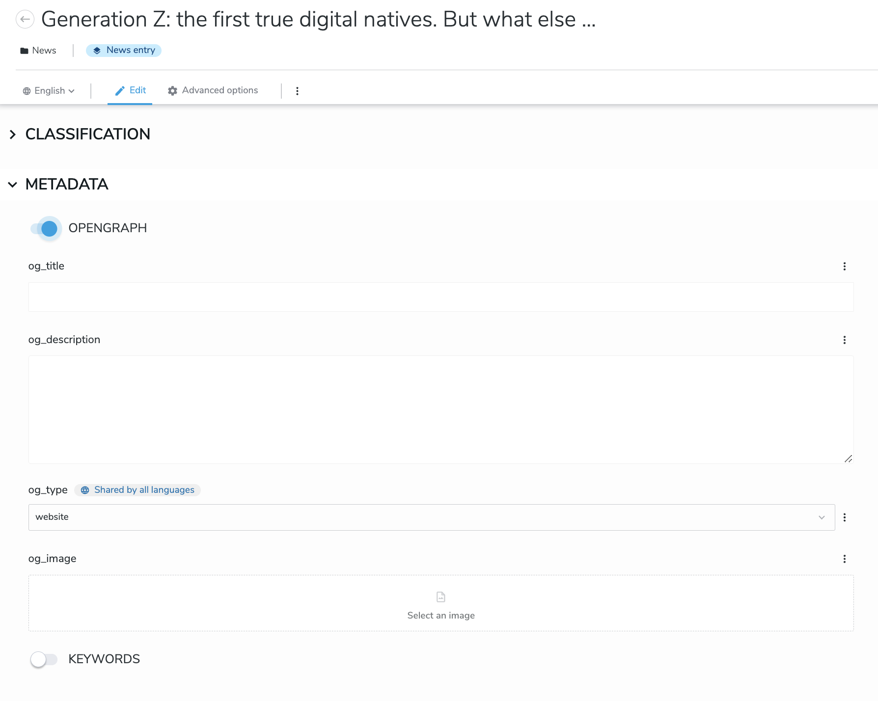 Capture d'écran de l'interface Jahia : configuration Open Graph d'une actualité pour le partage sur les réseaux sociaux