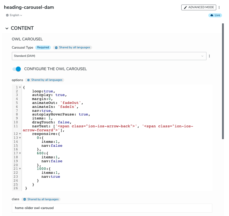 Capture d'écran de l'interface Jahia : configuration d'un carrousel d'images Owl