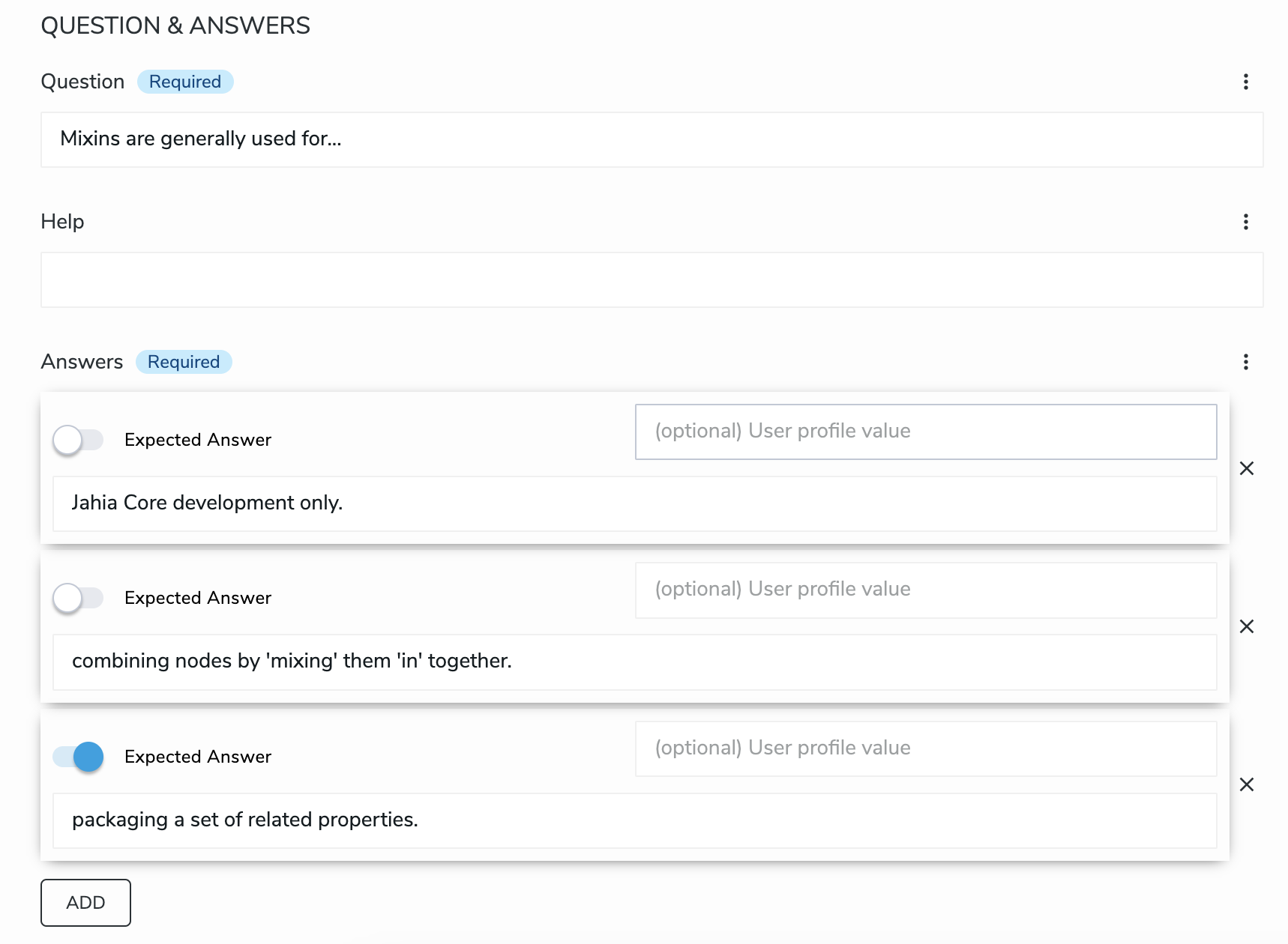Capture d'écran de l'interface Jahia : configuration des réponses d'un quiz