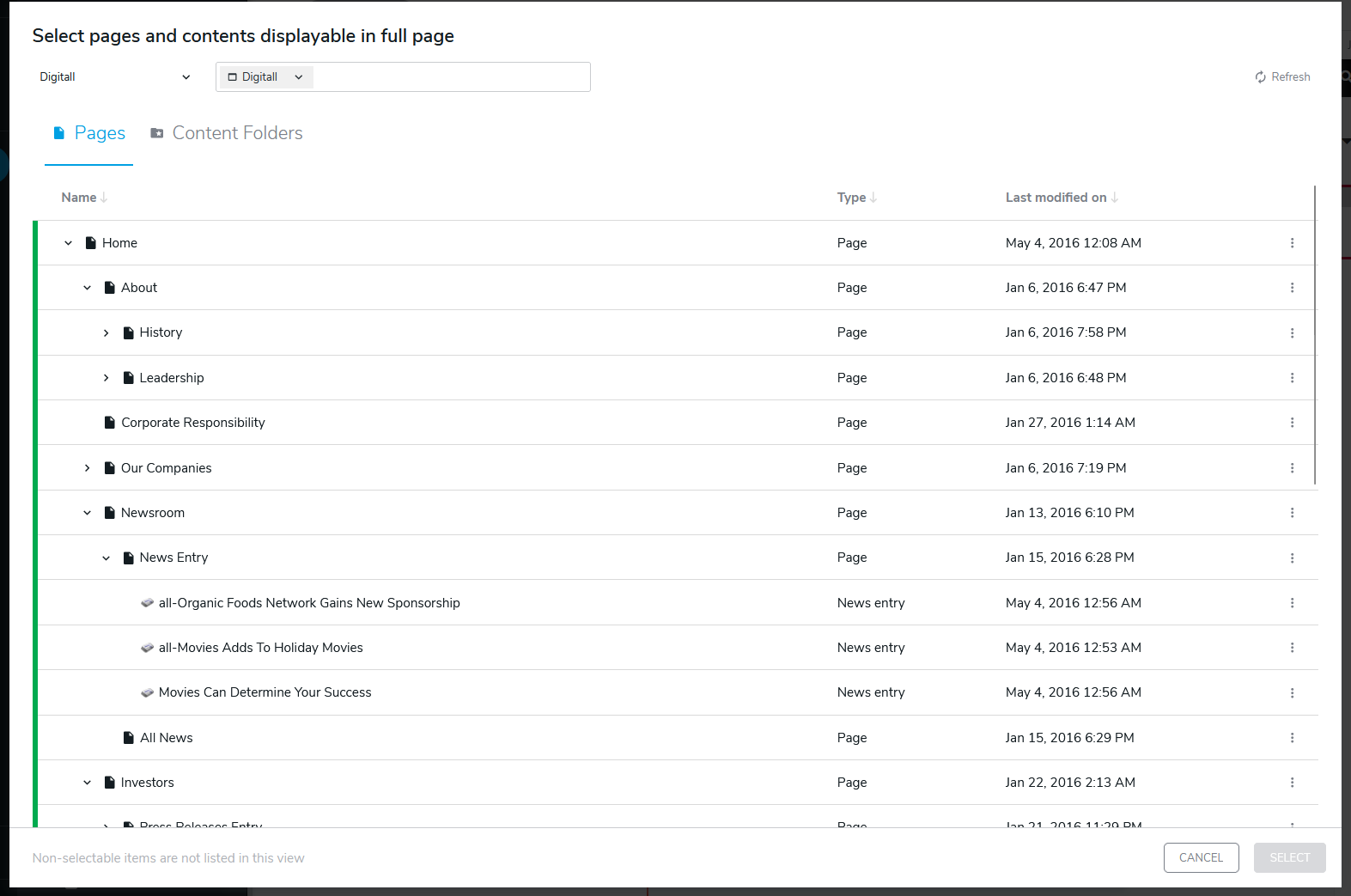 Sélection de pages et contenus affichables dans Jahia