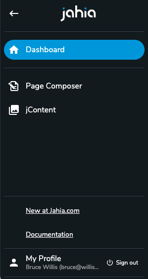 Capture d'écran du menu simplifié de l'interface Jahia pour les utilisateurs métiers