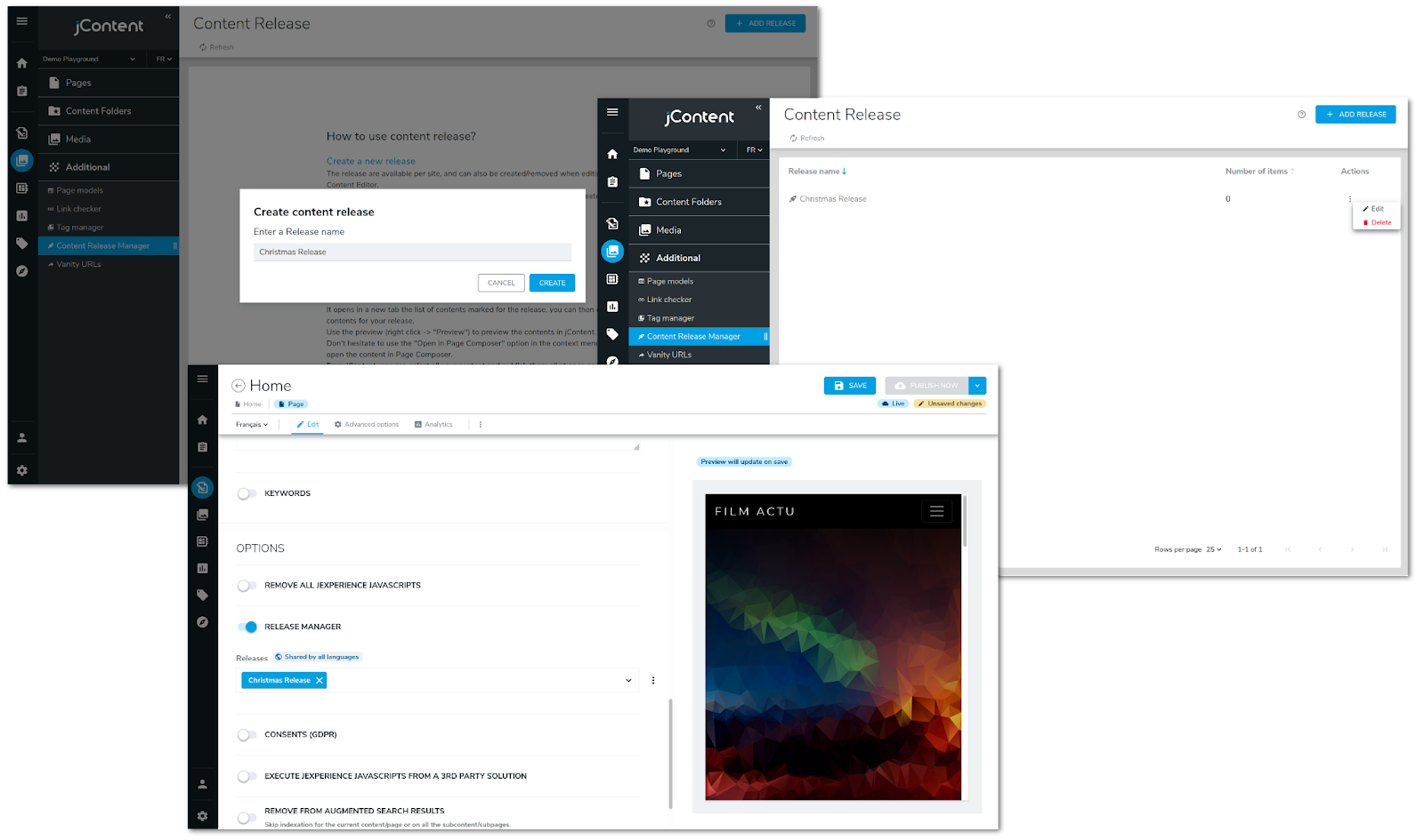 Creating a release named Christmas Release then assigning it to a page in the content editor