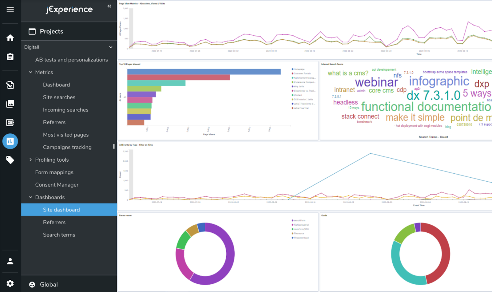 Site dashboard with page view curves, most viewed pages, a search terms word cloud and donut charts