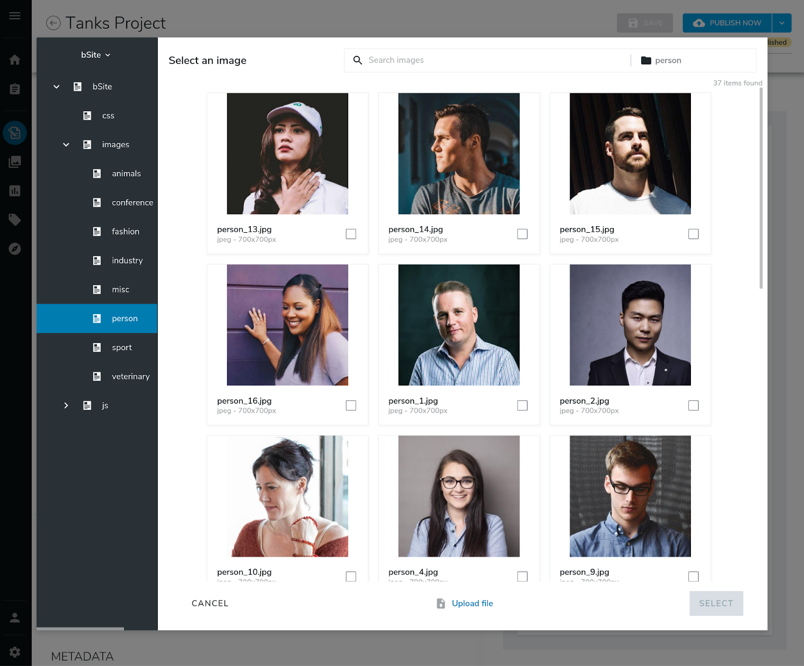 Screenshot of the Jahia 8 interface: selecting an image from the media library