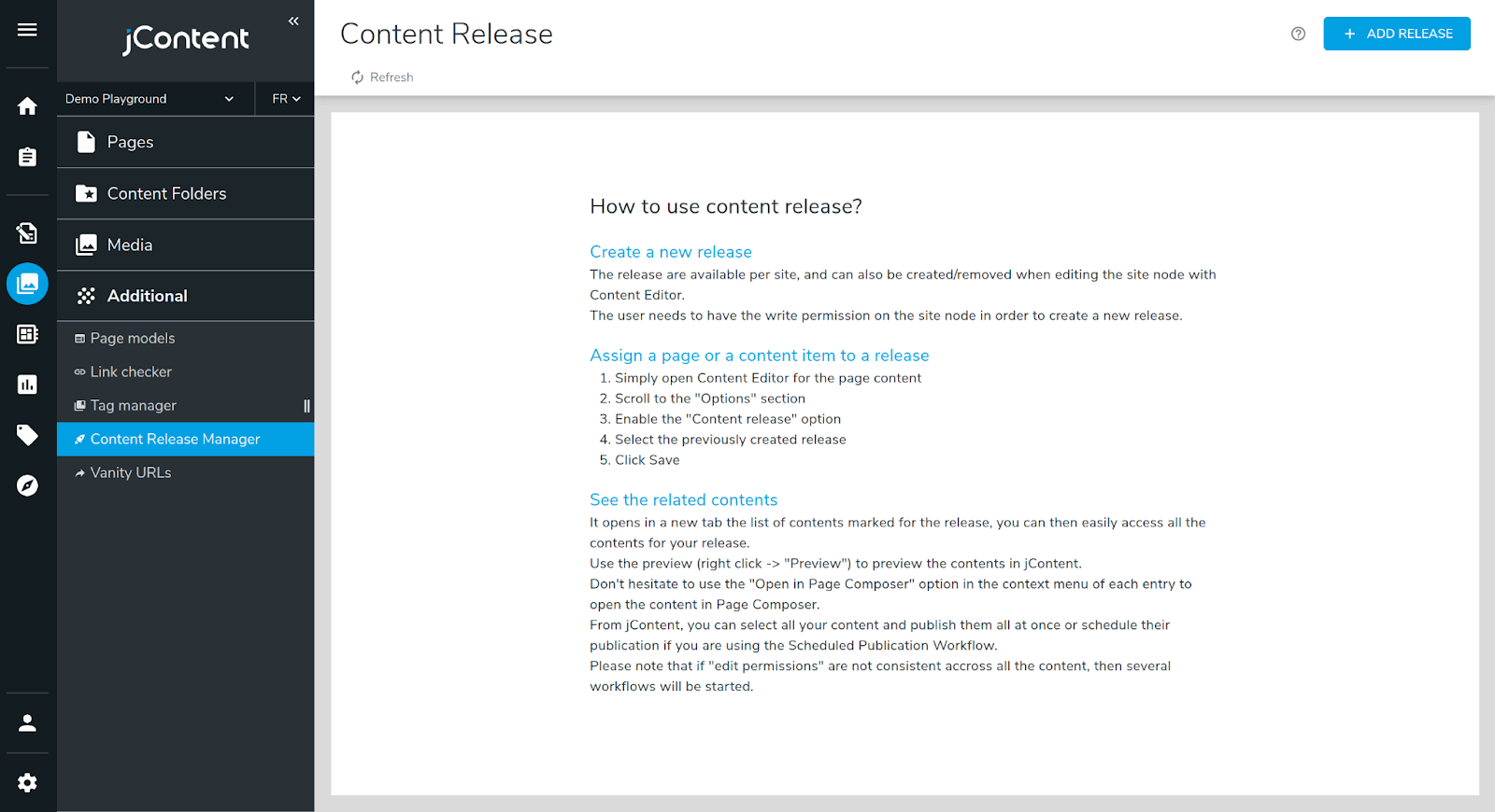 Help page of the content release manager: create a release, assign a page or content item to it and see the related contents