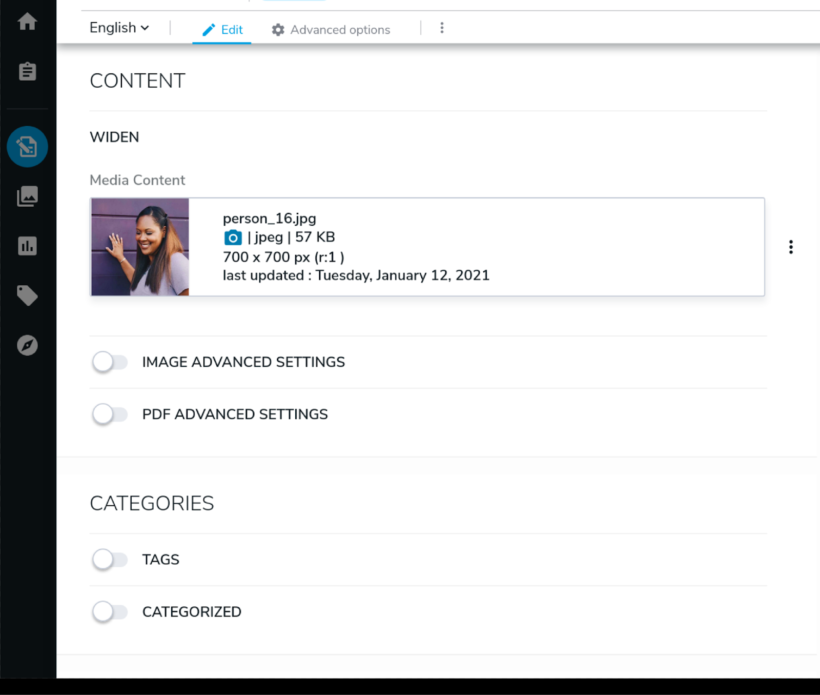 Screenshot of the Jahia 8 interface: Widen media selected in the content editor