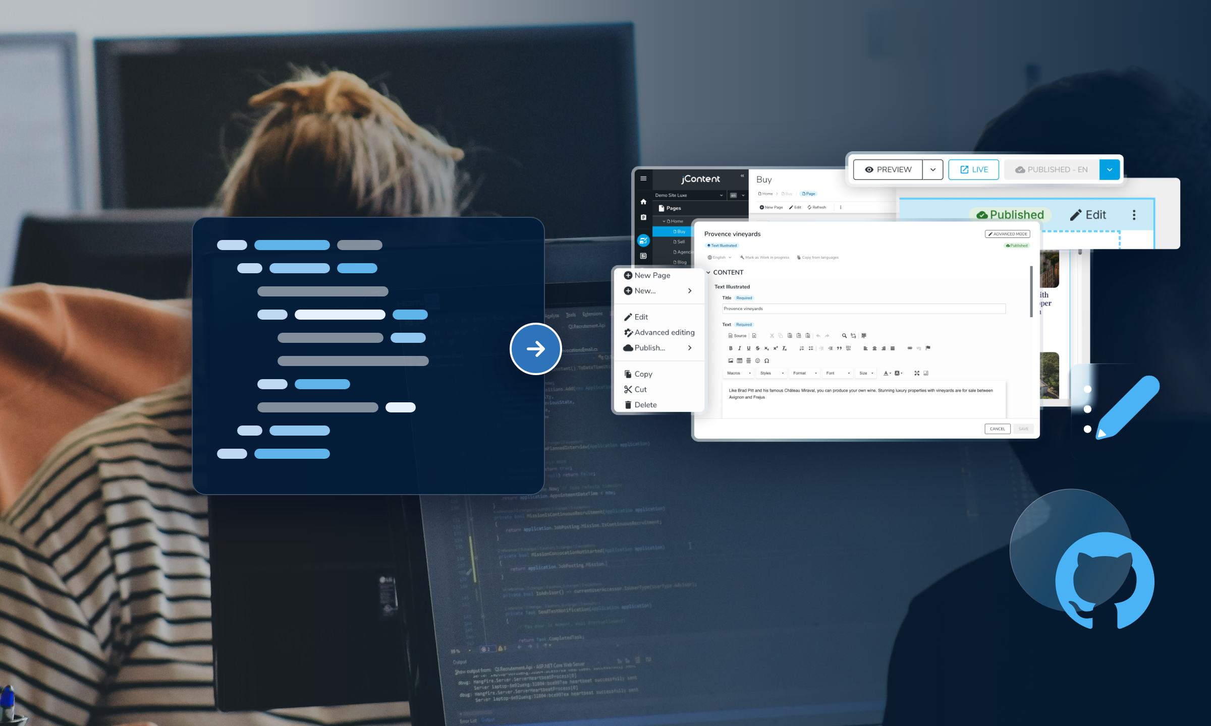 A person in front of code, linked by an arrow to the content editor and its publish buttons, with the GitHub logo
