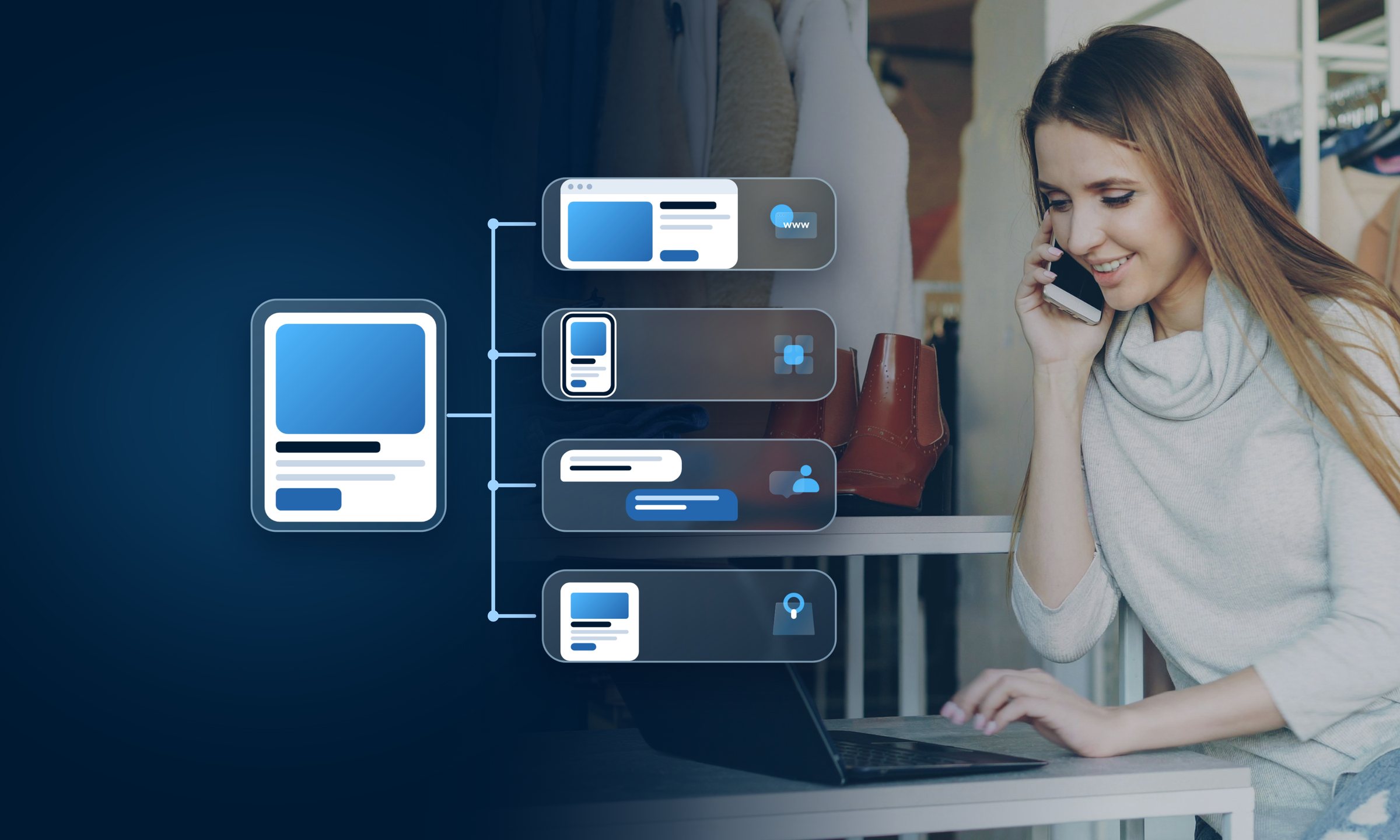 Omnichannel illustration: a woman on the phone in a store, linked to a website, an app, a chat and an in-store screen