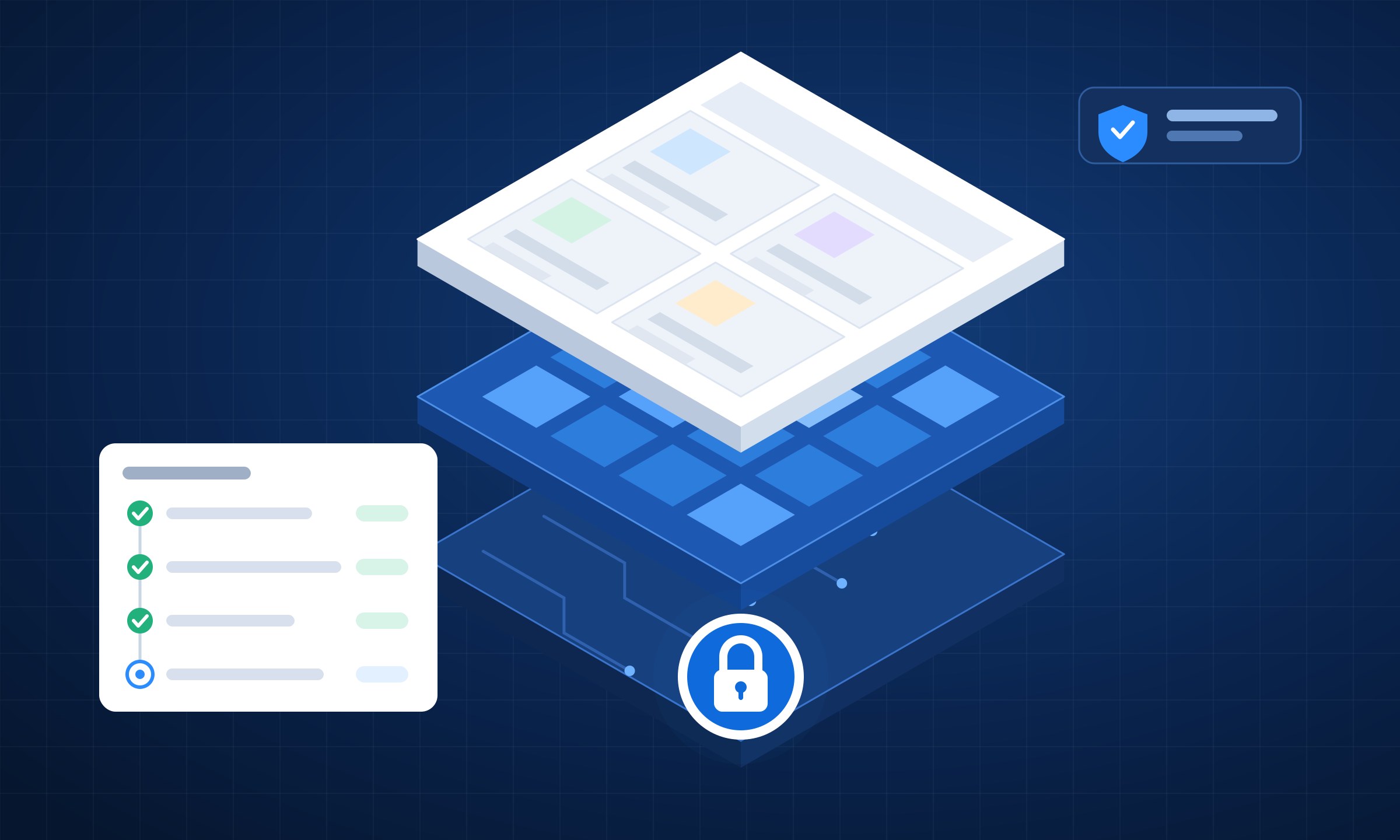 php2shell-faille-securite-couches.jpg (A stack of three layers with a padlock on its bottom layer, next to a list of checked steps.)