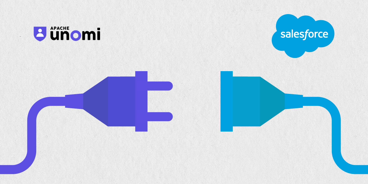 Two electrical plugs about to connect, with the Apache Unomi and Salesforce logos