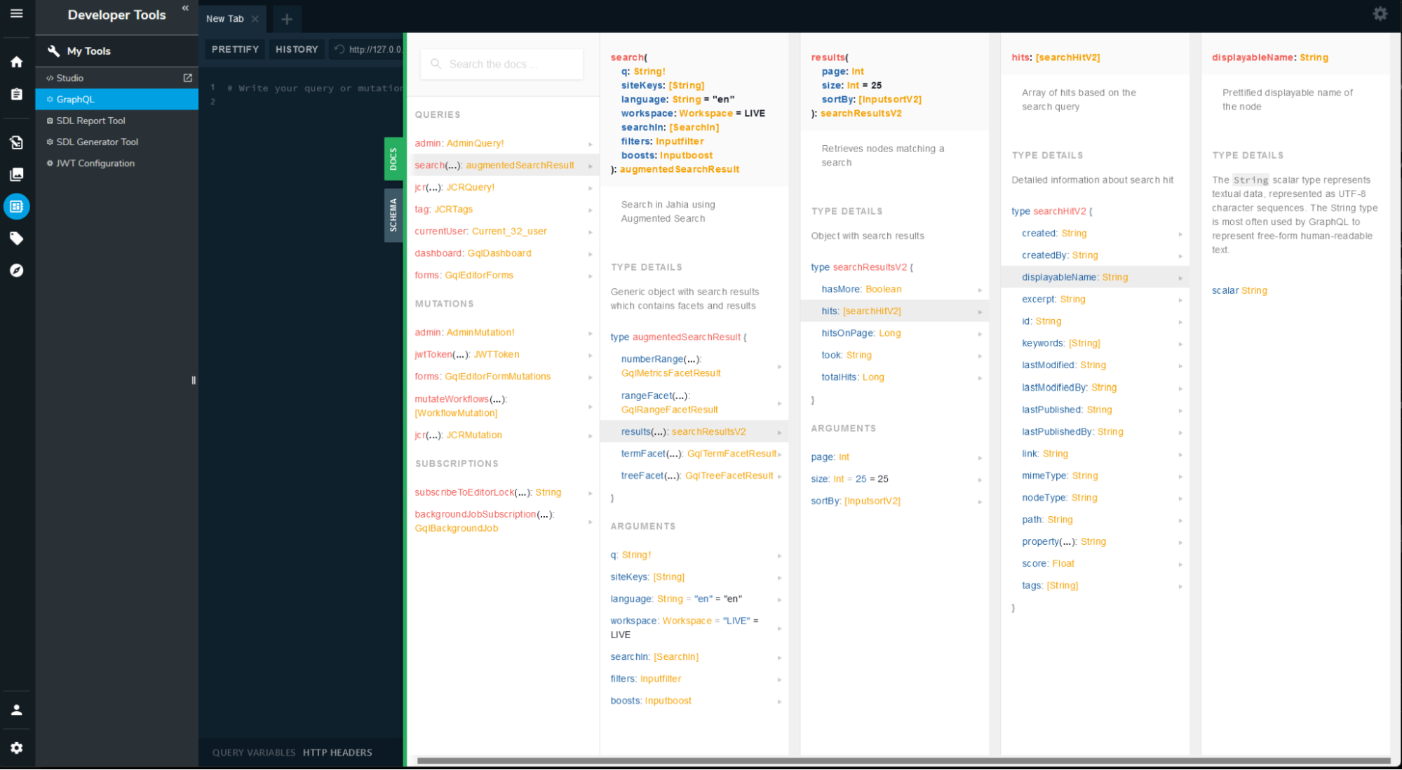 Capture d'écran de l'explorateur de l'API GraphQL de Jahia : une requête et sa réponse pour un portail web