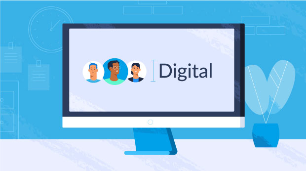 Illustration of a computer screen showing the word Digital next to three stylized faces, on a blue background