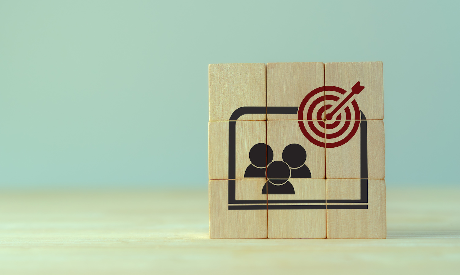 Contextual advertsing and targeting concept. Digital marketing strategy and social network advertsing. Personalized marketing. Wooden cubes with goal and contextual advertising icon on grey background