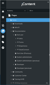 Capture d'écran qui montre comment les utilisateurs peuvent gérer leurs pages web dans la version traditionnelle de Jahia.