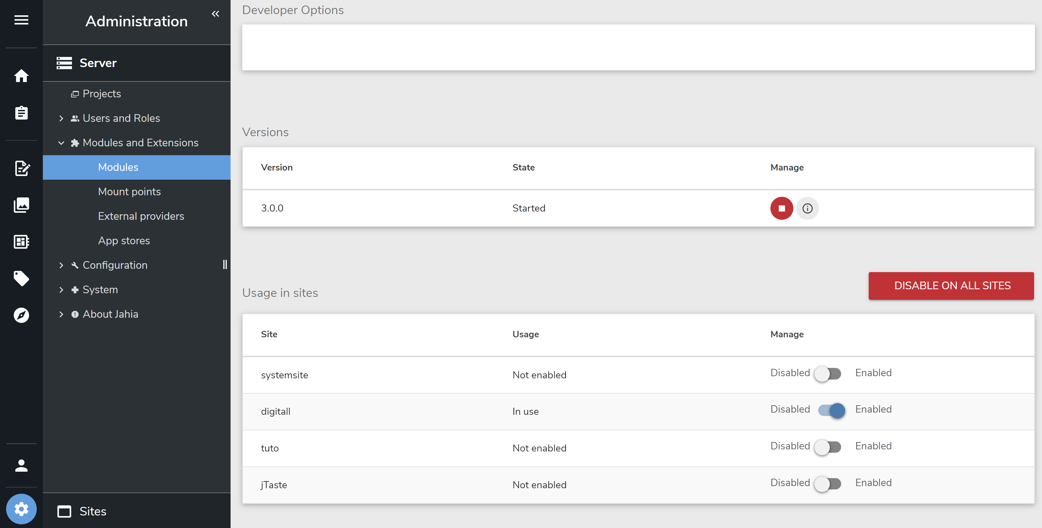 Interface d’activation d’un module sur différents sites