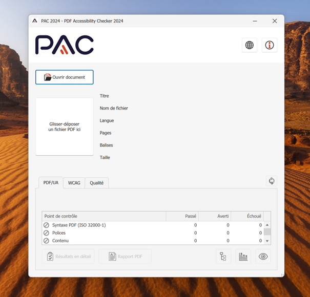Interface de PAC, un outil de vérification de l'accessibilité numérique des PDF
